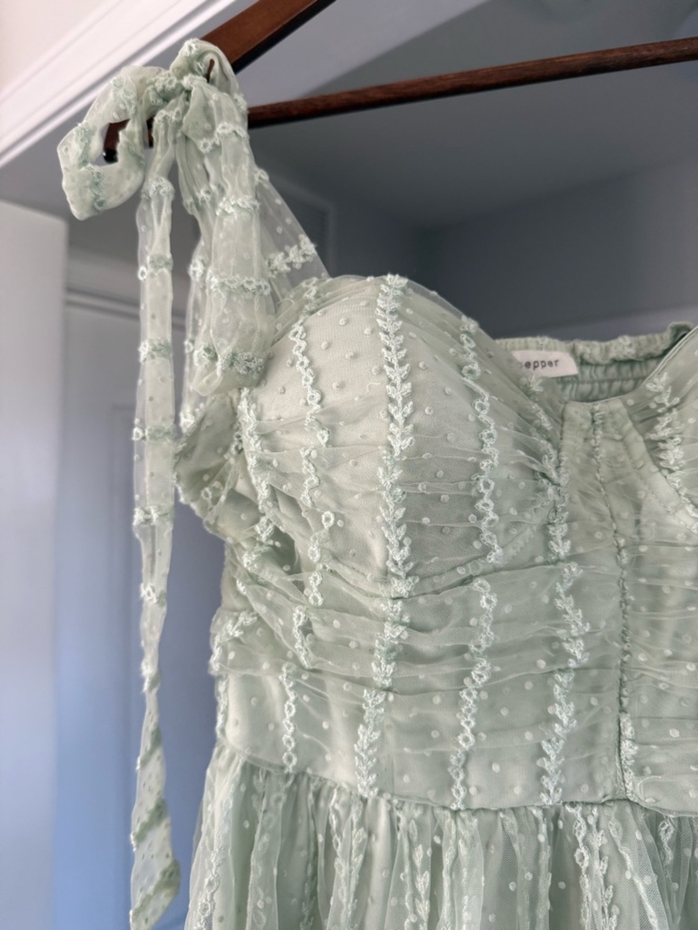 Blu Pepper Mint Green Tie-Shoulder Dotted Mesh Maxi Dress - Picture 7 of 16